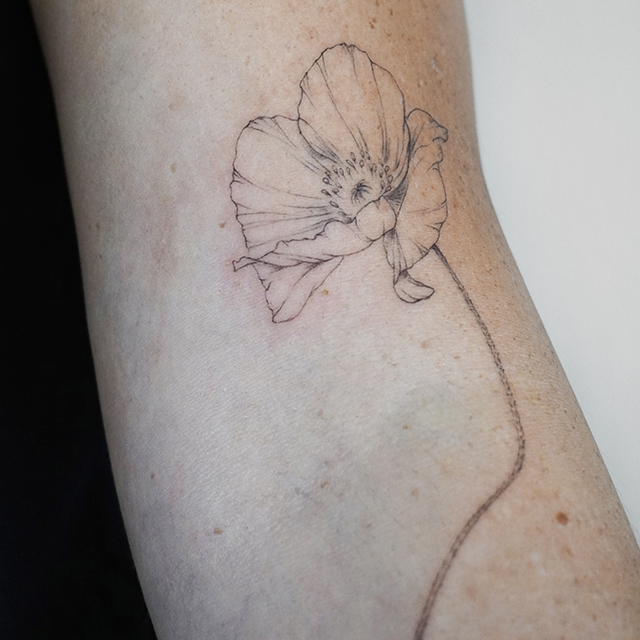 fineline flower tattoo with poppy from smasli ink an female tattoo artist working in salzburg austria