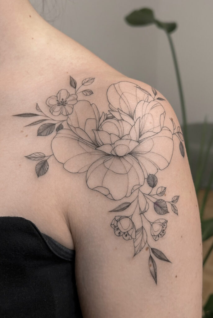 fineline flower tattoo on upper arm with peonies from smasli ink an female tattoo artist working in salzburg austria