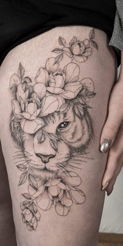 fineline flower tattoo on back with peonies and a tiger head from smasli ink an female tattoo artist working in salzburg austria